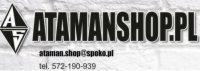 Logo firmy Atamanshop.pl na tle ściany z cegieł, zawierające adres e-mail i numer telefonu.
