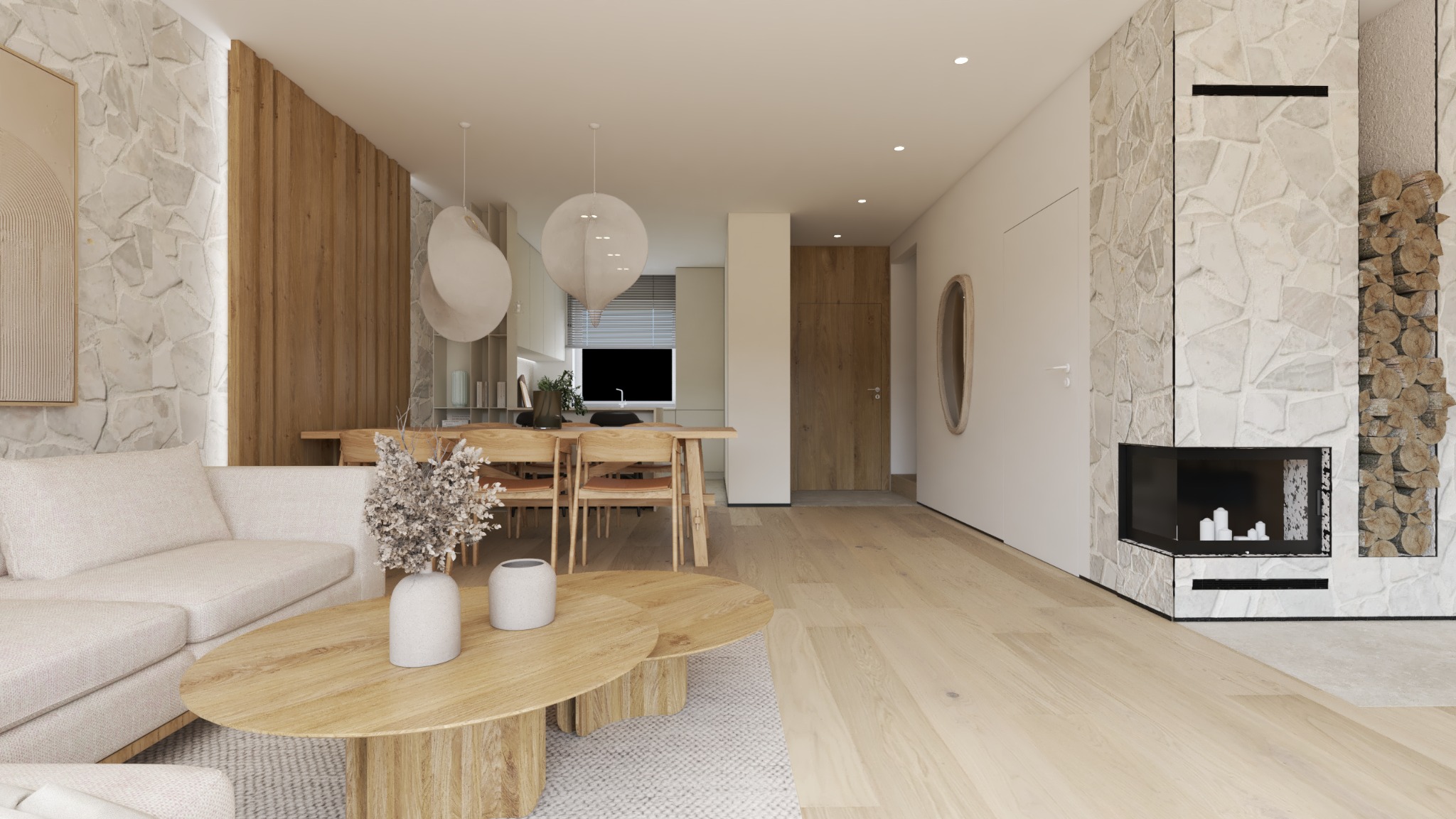 Jasne wnętrze z kamienną ścianą i kominkiem, drewnianym stołem i sofą. Minimalistyczny design z okrągłymi lampami i drewnianą podłogą. Elementy dekoracyjne: drewno, kamień.