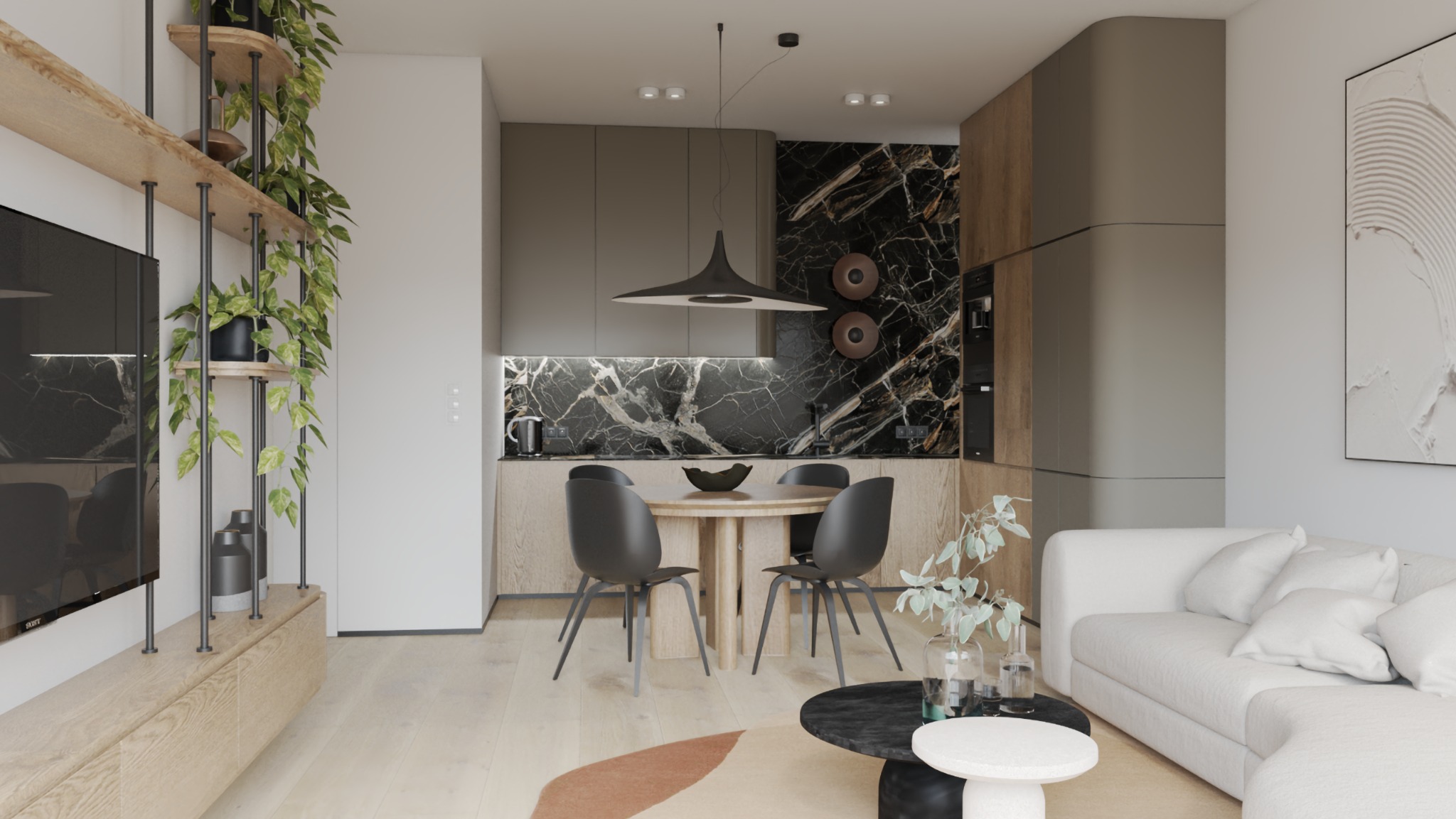 Nowoczesne wnętrze: salon z aneksem kuchennym, marmurowy backsplash, okrągły stół z krzesłami, biała sofa i drewniane elementy. Minimalistyczny design z roślinami.