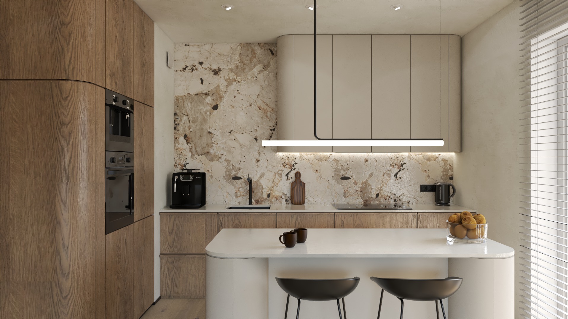 Nowoczesna kuchnia z drewnianymi szafkami, marmurowym backsplashiem i wyspą z białym blatem. Minimalistyczna lampa wisząca i krzesła barowe dopełniają aranżację.