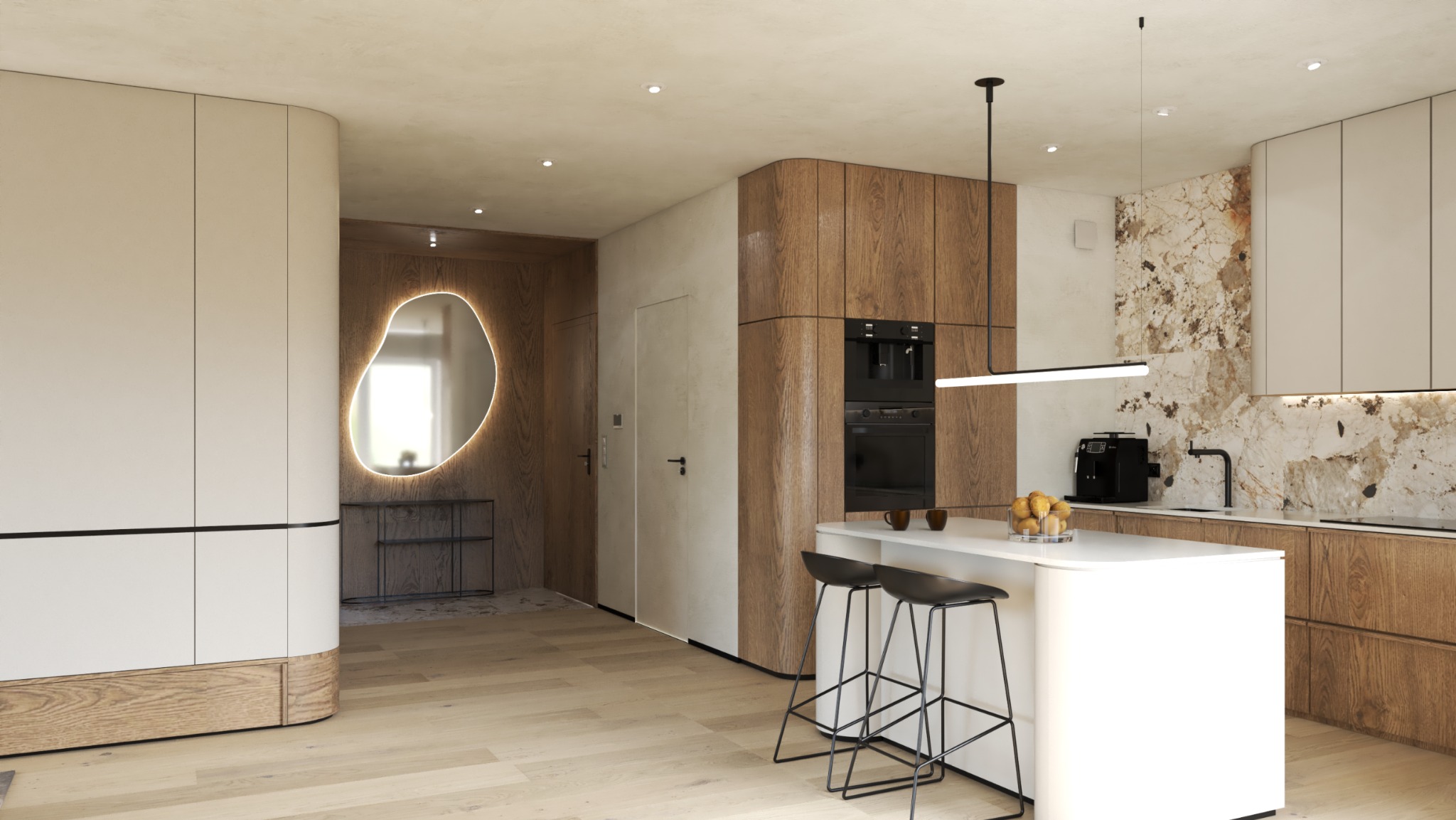 Nowoczesna kuchnia z wyspą i hokerami, drewniane szafki, marmurowy backsplash, designerskie oświetlenie i lustro z podświetleniem w przedpokoju.