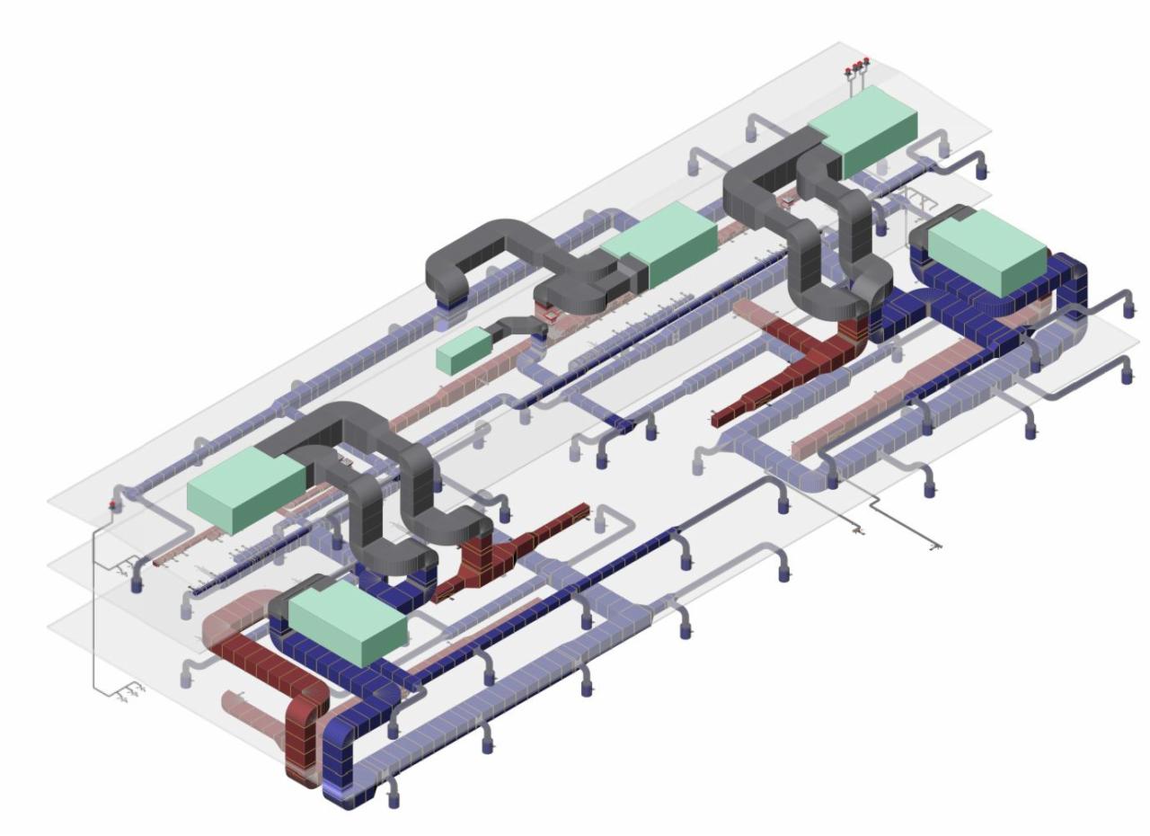 Schemat 3D instalacji wentylacyjnej i klimatyzacyjnej z zaznaczonymi kanałami, centralami i elementami mocującymi.