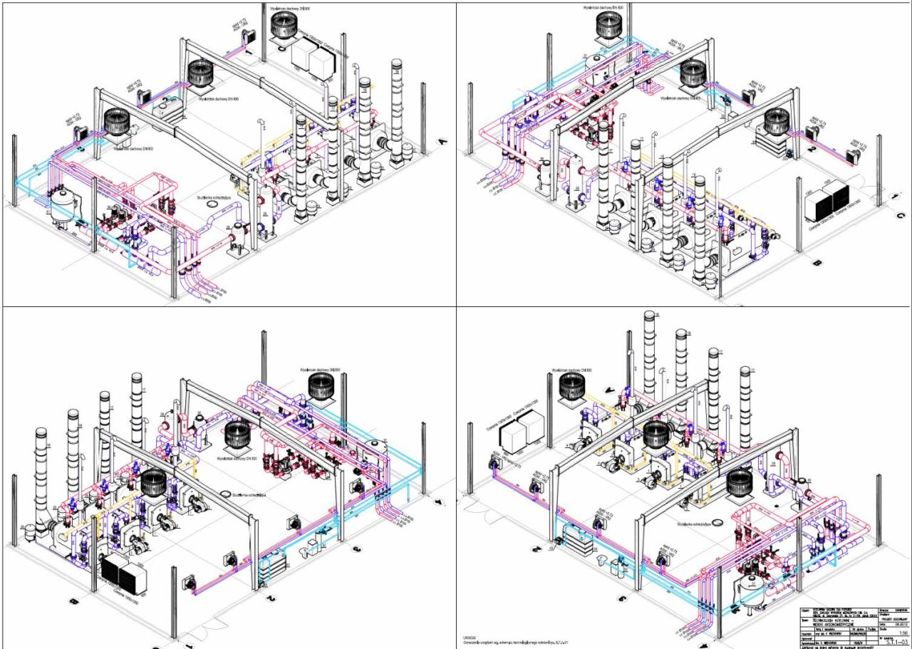 Schemat instalacji przemysłowej z rzutem izometrycznym, widoczne rury, wentylatory, zbiorniki, pompy i urządzenia sterujące, kolorowe oznaczenia przewodów.