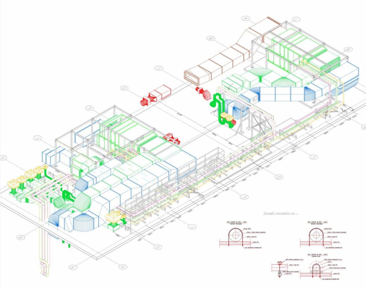 Techniczny rysunek 3D instalacji wentylacyjnej w budynku, z zaznaczonymi wymiarami i detalami mocowań.