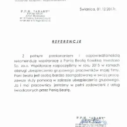 Skan dokumentu referencyjnego od firmy P.P.H. ABART dla Pani Beaty Koselskiej z Investceo Sp. z o.o. w zakresie obsługi ubezpieczenia grupowego pracowników, datowany na 01.12.2017.