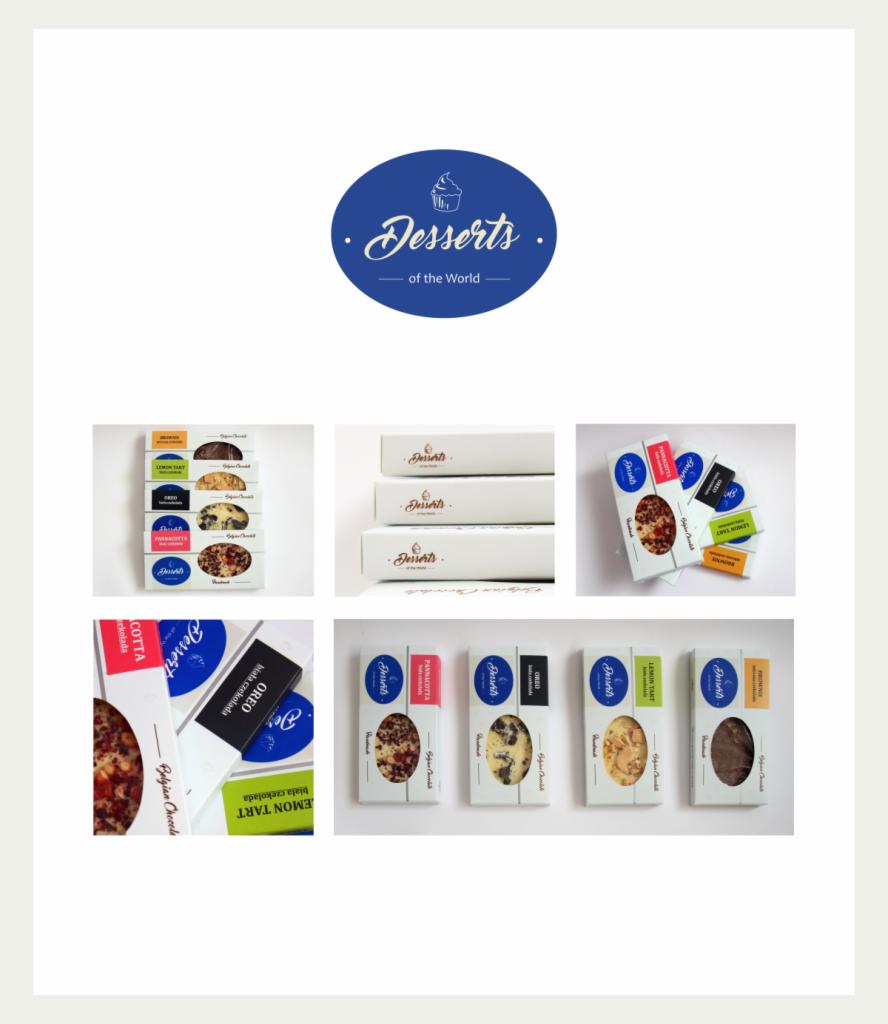 Kompilacja zdjęć pudełek z deserami marki Desserts of the World, prezentująca różne smaki i opakowania.