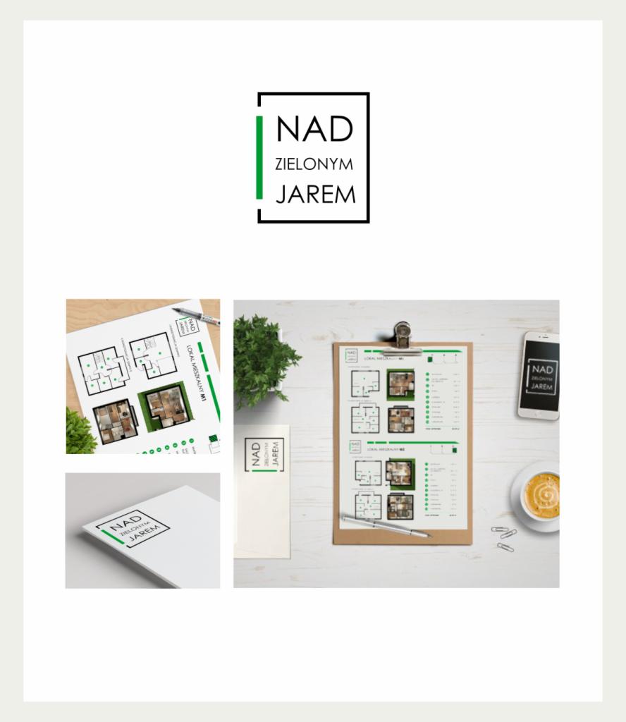 Prezentacja identyfikacji wizualnej dla 'Nad Zielonym Jarem' z planami mieszkań, umieszczona na drewnianym biurku z kawą i rośliną doniczkową.