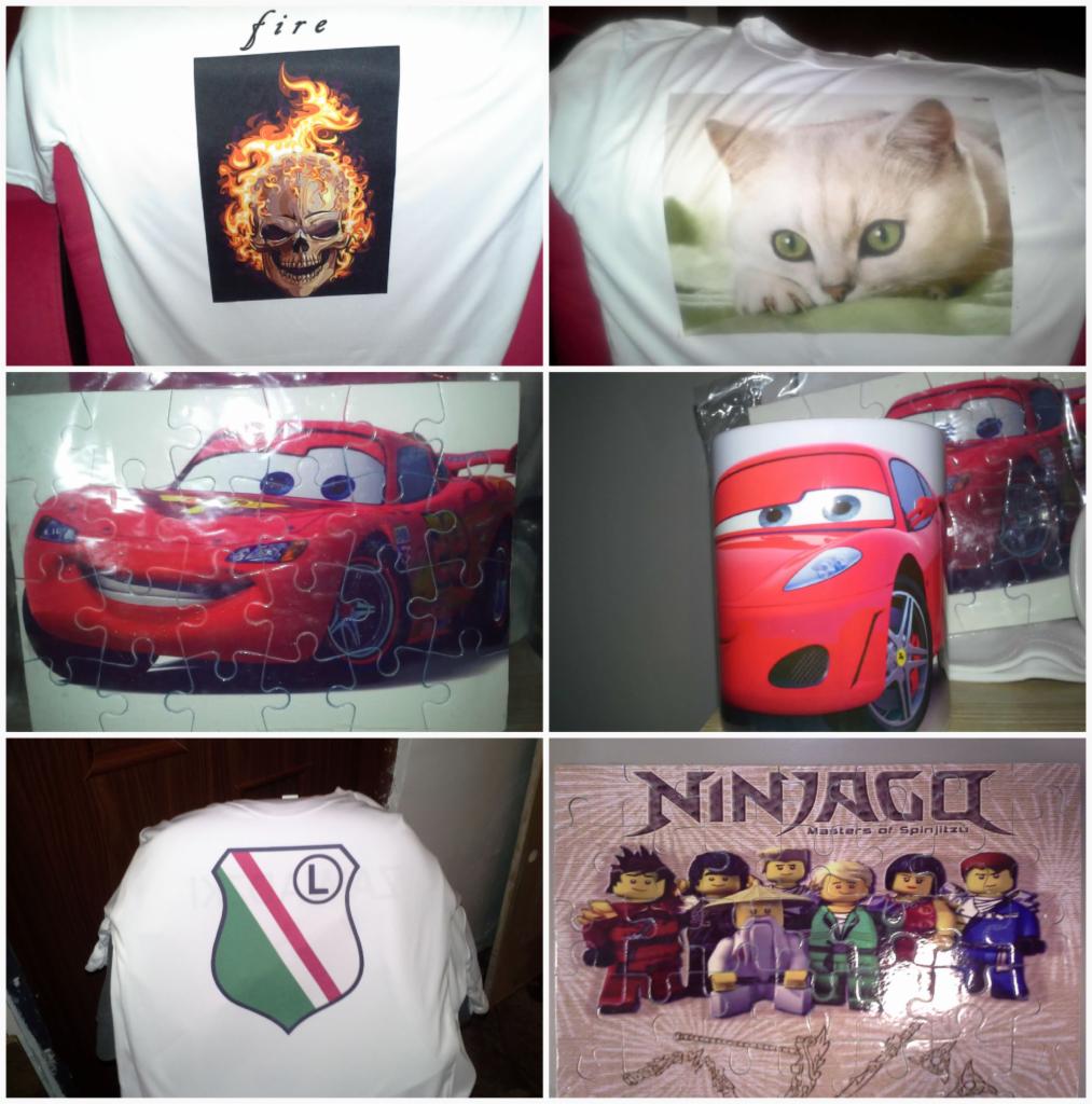 Kolaż sześciu zdjęć prezentujących różne przedmioty z nadrukami: koszulka z płonącą czaszką i napisem 'fire', koszulka z wizerunkiem kota, puzzle z motywem auta 'Cars', kubek z 'Cars', koszulka...