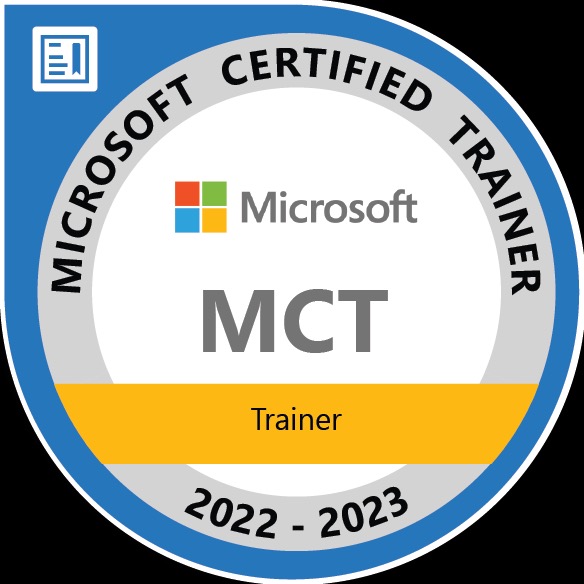Microsoft Certified Trainer (MCT) badge, valid 2022-2023, featuring the Microsoft logo.