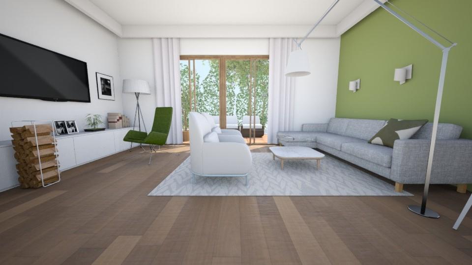 Jasne, przestronne wnętrze salonu z drewnianą podłogą, szarą sofą, białymi fotelami i zielonym akcentem w postaci ściany i krzesła, oświetlone naturalnym światłem wpadającym przez duże okno balkonowe.