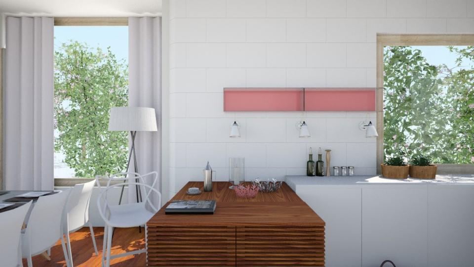 Jasne biuro z drewnianym stołem, białymi krzesłami i widokiem na zieleń za oknem, podkreślone przez minimalistyczne oświetlenie i różowy akcent nad blatem.