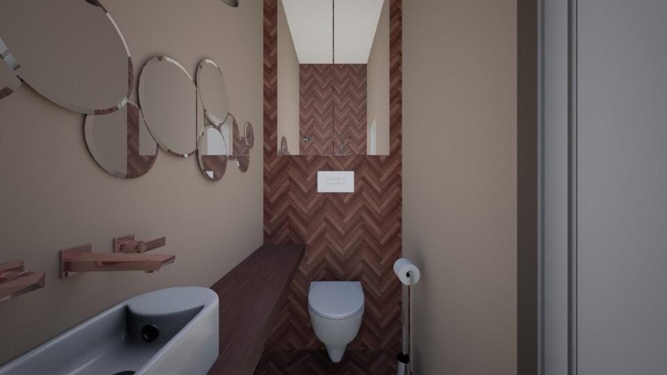 Wizualizacja łazienki z umywalką, toaletą i lustrami w kształcie okręgów, z drewnianą ścianą ułożoną w jodełkę.