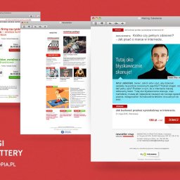 CYKLOPIA STUDIO Anna Bar - Trzy ekrany komputerów Mac wyświetlają przykładowe projekty mailingów i newsletterów, prezentując kursy i szkolenia z zakresu marketingu internetowego, z widocznymi cenami i ofertami rabatowymi.