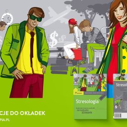 CYKLOPIA STUDIO Anna Bar - Ilustracja przedstawiająca osoby w różnych sytuacjach stresowych, z okładkami książki 'Stresologia' na pierwszym planie, utrzymana w kreskówkowym stylu z dominującą zielenią i żółcią.