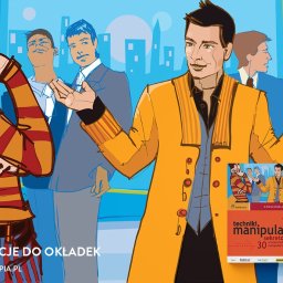 CYKLOPIA STUDIO Anna Bar - Ilustracja okładki książki przedstawiająca mężczyznę w żółtej marynarce gestykulującego w otoczeniu innych postaci na tle miejskiego krajobrazu, utrzymana w stylistyce komiksowej.