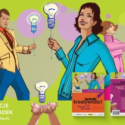 CYKLOPIA STUDIO Anna Bar - Ilustracja przedstawiająca okładki książek o technikach kreatywności, z postaciami trzymającymi żarówki symbolizujące pomysły, na zielonym tle.