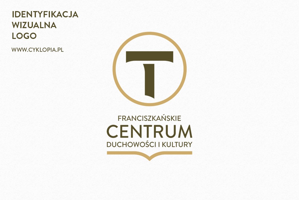 Logo Franciszkańskiego Centrum Duchowości i Kultury z symbolem litery 'T' w okręgu, utrzymane w stonowanej kolorystyce beżu i brązu, z adresem strony cyklopia.pl w górnym lewym rogu.