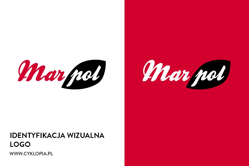 Projekt logo 'Marpol' z elementem graficznym w formie czarnego liścia, prezentowany na dwóch tłach: białym z lewej strony i czerwonym z prawej strony.