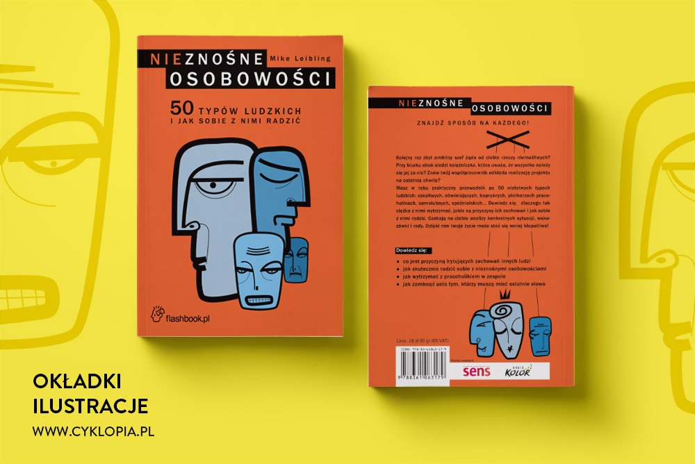 Dwie książki na żółtym tle. Okładka książki 'Nieznośne osobowości' z abstrakcyjnymi, niebieskimi portretami na pomarańczowym tle. Z tyłu książki opis i kod kreskowy.