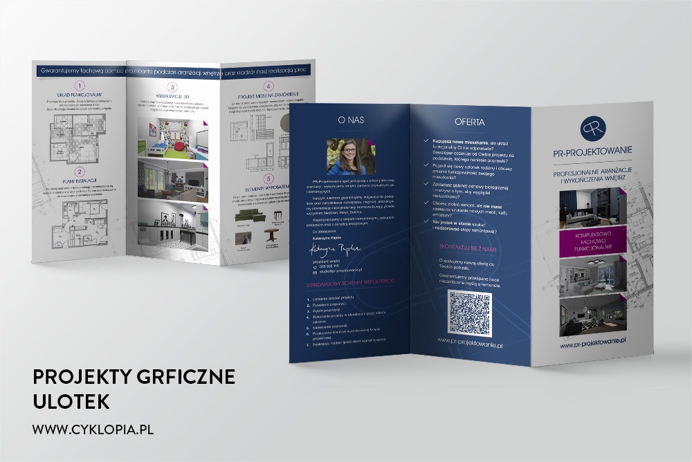 Rozłożona, profesjonalnie zaprojektowana ulotka reklamowa firmy PR-Projektowanie, prezentująca aranżacje i wykończenia wnętrz, z widocznymi wizualizacjami 3D, planami instalacji i elementami...
