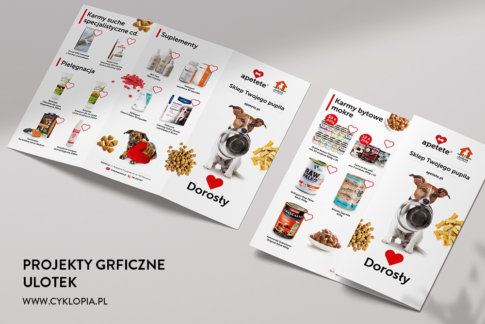 Grafika przedstawia rozłożoną ulotkę reklamową sklepu zoologicznego z produktami dla psów, widoczne karmy suche, mokre, suplementy i akcesoria pielęgnacyjne, z psem trzymającym miskę w pysku...