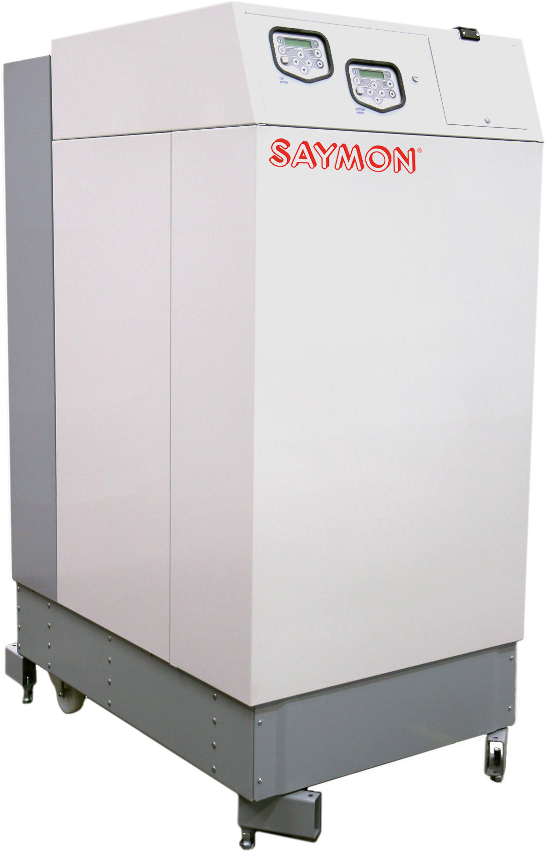 Nowoczesny, biało-szary kocioł kondensacyjny SAYMON z dwoma wyświetlaczami cyfrowymi i logo producenta, umieszczony na kółkach, sfotografowany na białym tle.