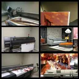 Kompozycja sześciu zdjęć prezentujących druk wielkoformatowy na różnych materiałach i w różnych zastosowaniach: drukarka UV drukująca na szkle, zbliżenie wydruku z motywem domu, drukarka latexowa...
