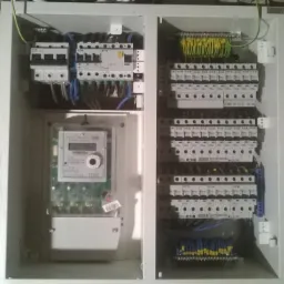 Rozdzielnica elektryczna z licznikiem zamontowana na ceglanej ścianie, widoczne bezpieczniki i okablowanie.