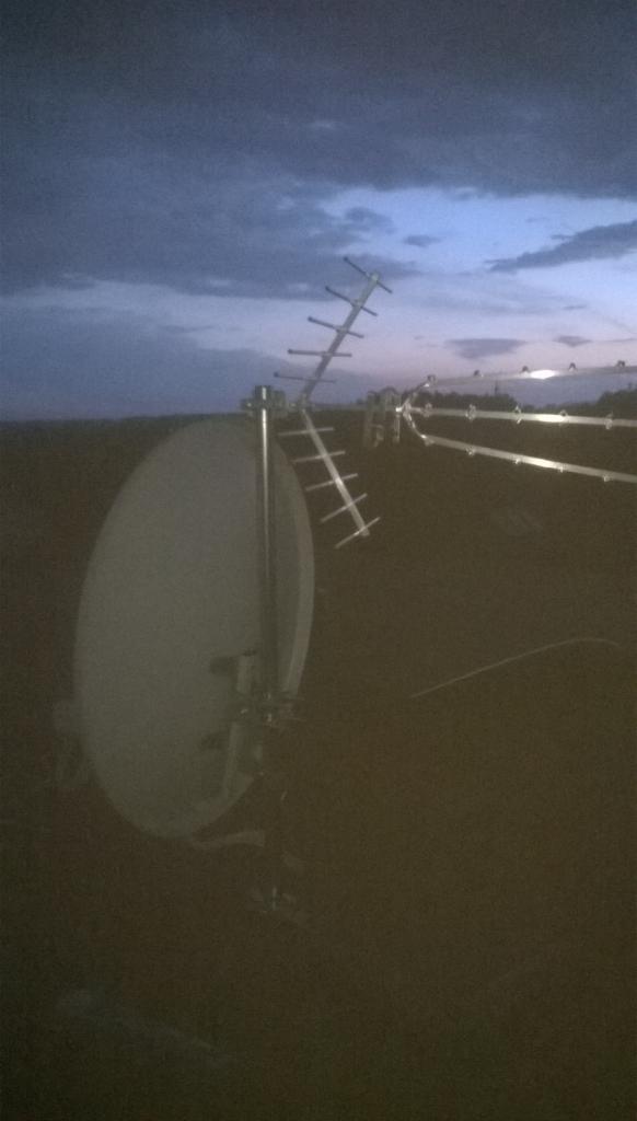 Antena satelitarna i antena kierunkowa zamontowane na zewnątrz, widoczne na tle pochmurnego, wieczornego nieba.