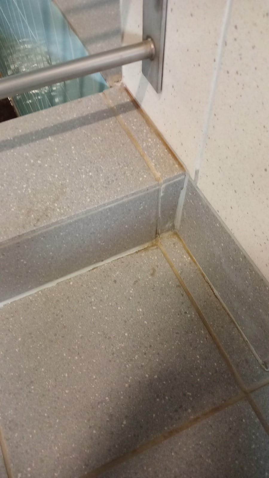 Brudne fugi i krawędzie schodów z lastryko, widoczne zabrudzenia i osady. Metalowa barierka w tle. Potrzeba dokładnego czyszczenia.