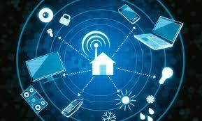 Schemat inteligentnego domu z centralnym punktem w postaci białego domu z symbolem Wi-Fi, otoczony ikonami urządzeń: laptop, smartfon, telewizor, głośnik, żarówka, czujnik, klucz, kłódka, słońce...