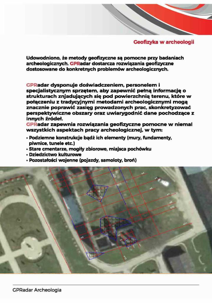 Plan terenu z nałożonymi siatkami i zaznaczonymi potencjalnymi podziemnymi strukturami, wykorzystywany w geofizyce archeologicznej.
