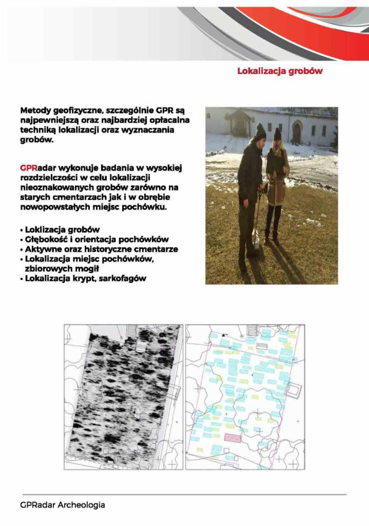 Dwie osoby w zimowych ubraniach przeprowadzają badania geofizyczne na cmentarzu przy użyciu sprzętu GPR, z widocznymi wynikami badań pod ziemią na ekranie urządzenia.