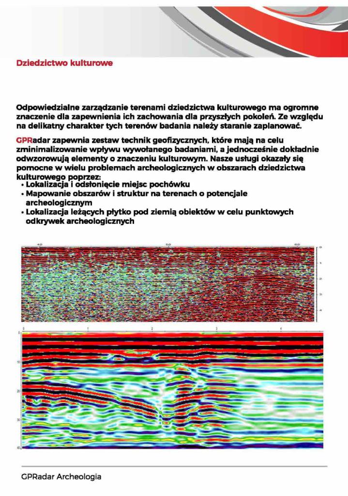 Wizualizacja danych z georadaru prezentująca potencjalne obiekty archeologiczne pod powierzchnią ziemi, z zaznaczonymi warstwami i strukturami gruntu.