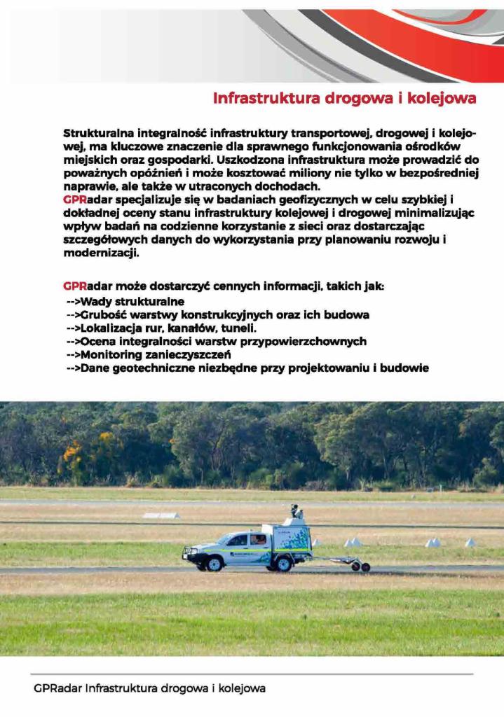 Samochód pomiarowy GPRadar z przyczepą na pasie startowym lotniska, wykorzystywany do diagnostyki infrastruktury drogowej i kolejowej.
