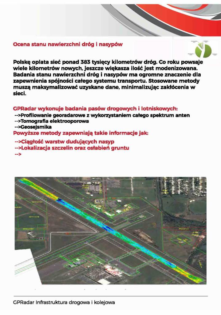 Prezentacja wyników badań georadarowych stanu nawierzchni drogi lotniskowej z wykorzystaniem kolorowej mapy zobrazowania głębokości warstw i potencjalnych uszkodzeń.