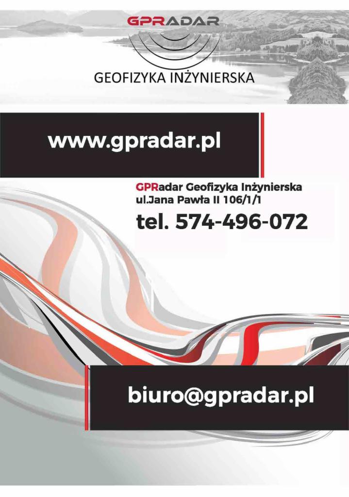 Wizytówka firmy GPRadar Geofizyka Inżynierska z adresem strony internetowej, adresem siedziby i numerem telefonu.