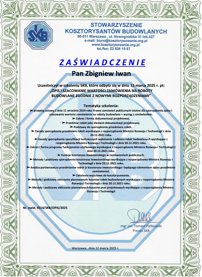 Skan zaświadczenia Stowarzyszenia Kosztorysantów Budowlanych o ukończeniu szkolenia z zakresu opisu i szacowania wartości zamówienia na roboty budowlane.