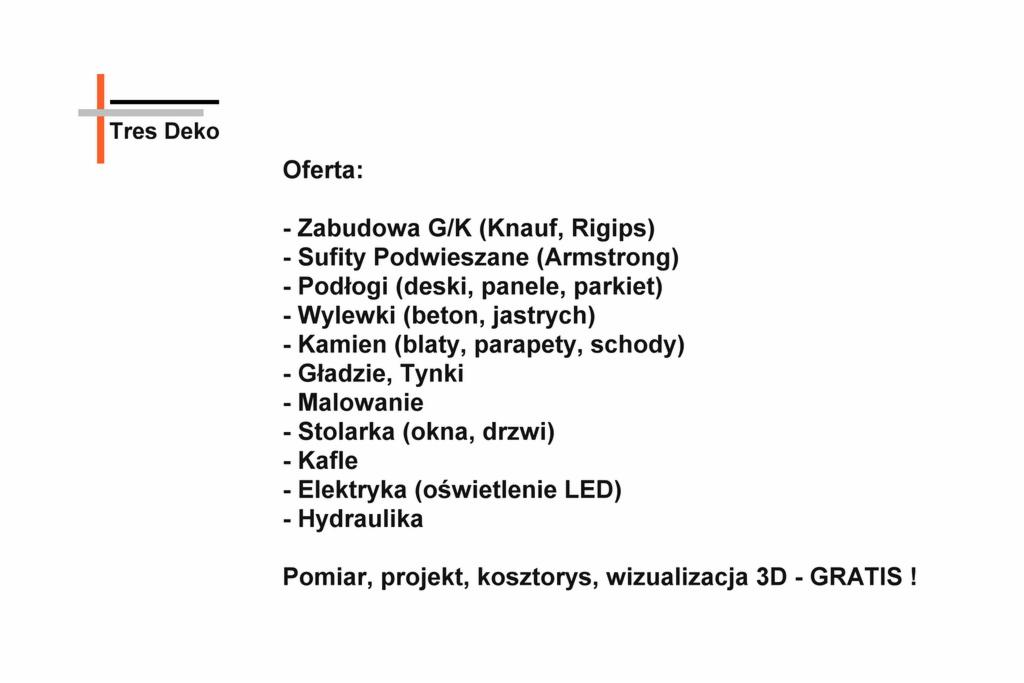 Lista usług remontowo-wykończeniowych firmy Tres Deko, obejmująca zabudowy G/K, sufity podwieszane, podłogi, wylewki, prace kamieniarskie, gładzie, malowanie, stolarkę, elektrykę LED, hydraulikę,...
