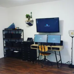 Domowe biuro z dwoma monitorami, lampami podłogowymi w stylu industrialnym i rośliną doniczkową, prezentujące komfortowe miejsce pracy.