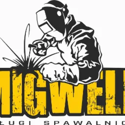 Grafika logo firmy MIGWELD Usługi Spawalnicze, przedstawiająca sylwetkę spawacza w masce ochronnej podczas pracy, z iskrami, umieszczoną nad żółtym napisem 'MIGWELD' i tekstem 'USŁUGI SPAWALNICZE'...