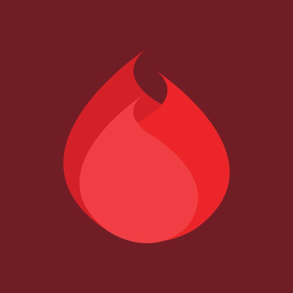 Abstrakcyjne logo w odcieniach czerwieni na ciemnoczerwonym tle, przypominające płomień lub kroplę.