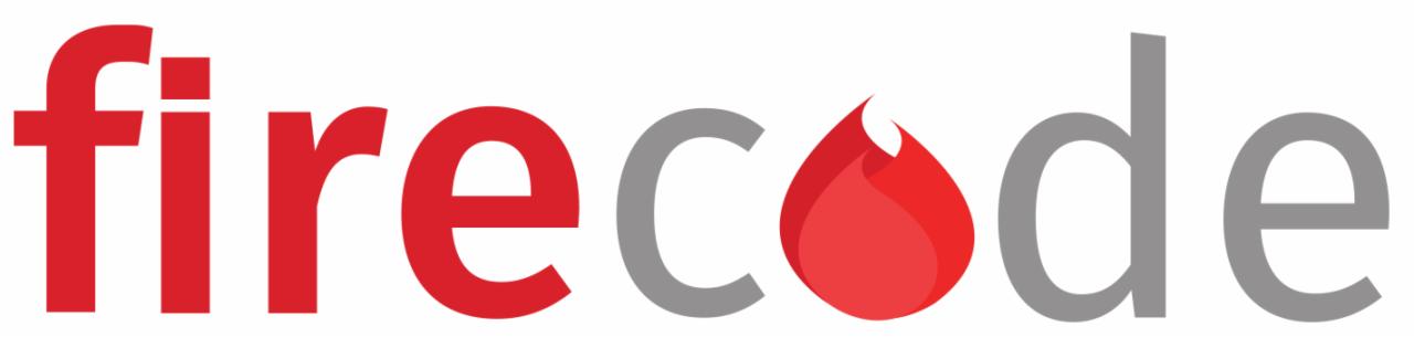 Logo firmy Firecode z płomieniem w miejscu litery 'o', czerwono-szara kolorystyka, minimalistyczny design na białym tle.