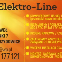 Reklama firmy Elektro-Line z Zebrydowic, oferującej kompleksowe usługi elektryczne, instalacje AGD/RTV, drobne naprawy, formalności związane z energetyką, wycenę instalacji gratis oraz montaż...