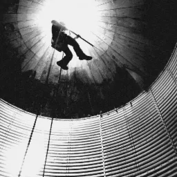 Czarno-białe zdjęcie pracownika w uprzęży, wiszącego na linie wewnątrz metalowego silosu, trzymającego długi pręt, z mocnym światłem w tle.