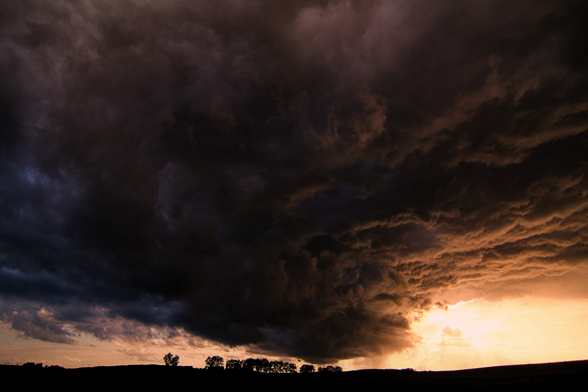 Dramatyczne, ciemne chmury burzowe nad sylwetką drzew na horyzoncie, podświetlone ciepłym światłem zachodzącego słońca.