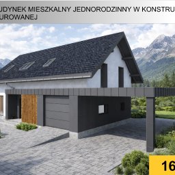 Pracownia Architektoniczna inż.arch. Tomasz Duc - Wizualizacja domu jednorodzinnego o powierzchni 160m2 z garażem i wiatą, wykończonego w szarościach, z brukowanym podjazdem i górskim tłem.