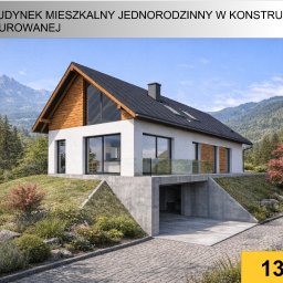 Pracownia Architektoniczna inż.arch. Tomasz Duc - Nowoczesny dom jednorodzinny z garażem podziemnym, wykończony drewnem i białym tynkiem, na tle górskiego krajobrazu. Widoczny podjazd z kostki brukowej i zagospodarowany teren.