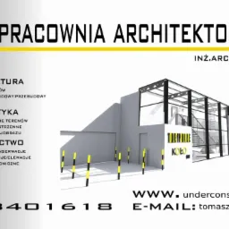 Wizualizacja architektoniczna budynku z elementami konstrukcji stalowej, logo pracowni architektonicznej, dane kontaktowe.