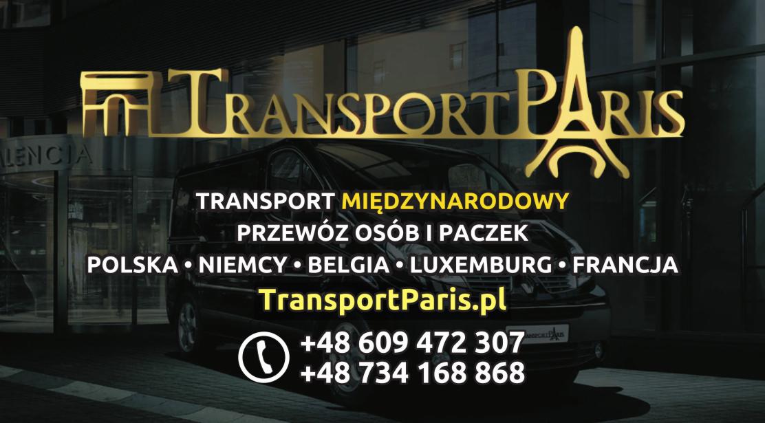 Czarny van z logo 'Transport Paris' i informacjami kontaktowymi na tle budynku z obrotowymi drzwiami, oferujący transport międzynarodowy osób i paczek do Polski, Niemiec, Belgii, Luksemburga...